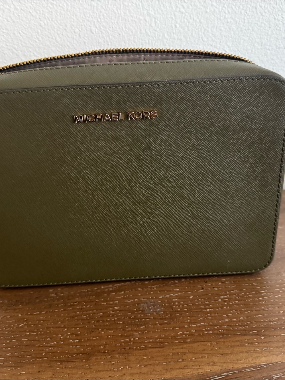 Michael Kors Saffiano Olive Toiletry Pouch with Gold Hardware